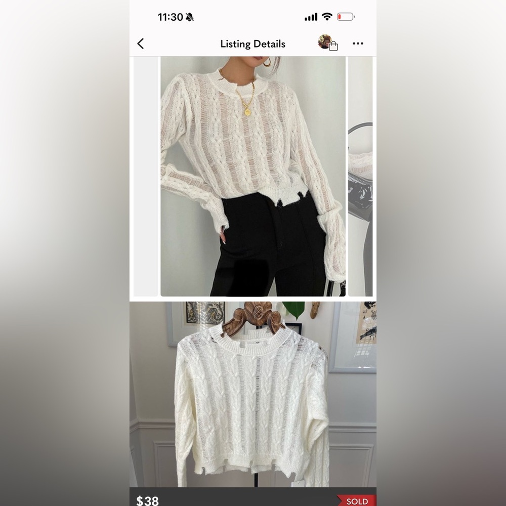 Commense Snowflake Distressed Crochet Knit Crop Sweater L